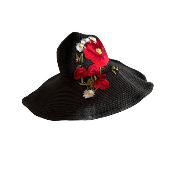 Black Wide Brim  Red Poppy Appliqué Detail One Size - Picture 1 of 6
